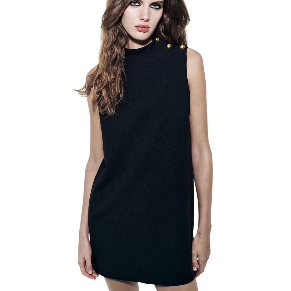 Zara Black Gold Button Shoulder Sleeveless Mock Neck Mini Dress Size S